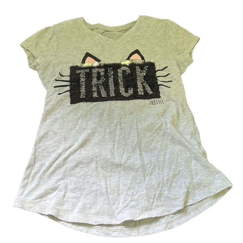 5 for $20 Justice Heathered Gray “Trick” Cat Short Sleeve Sequin Tee